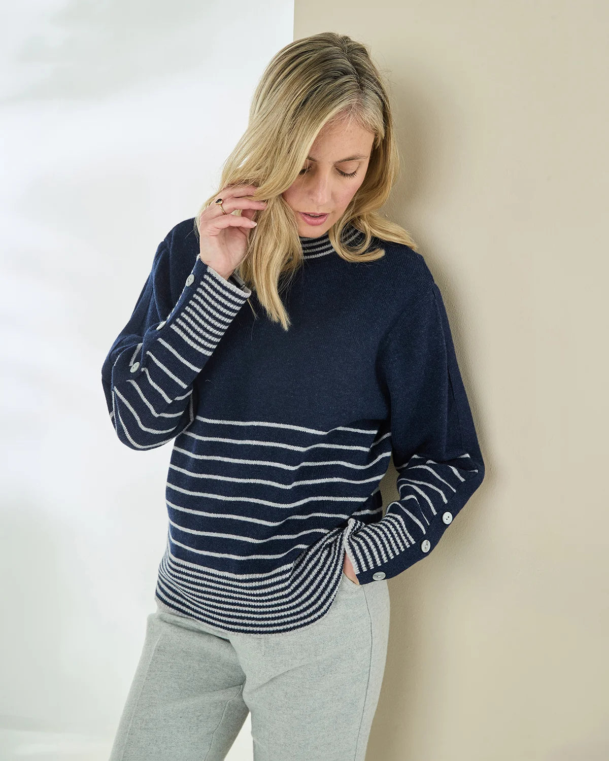 Allie Striped Turtle Neck Pure Lambswool Jumper