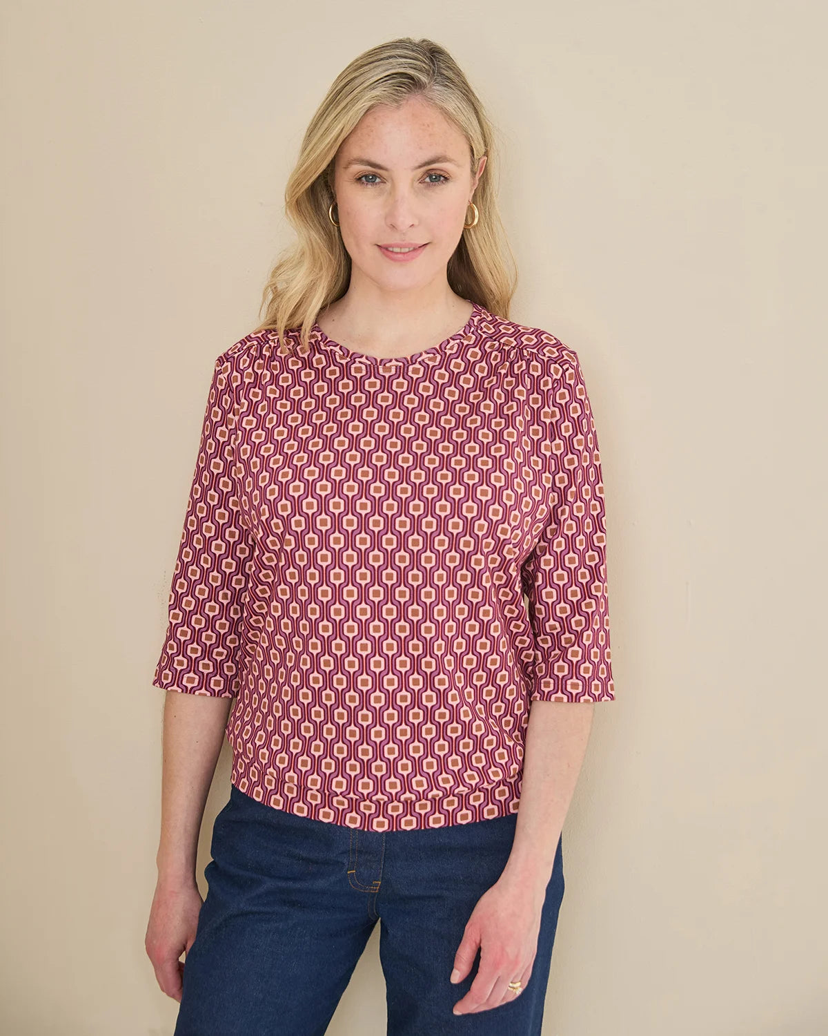 Printed Pure Cotton 3/4 Sleeve Blouson Top - Anya