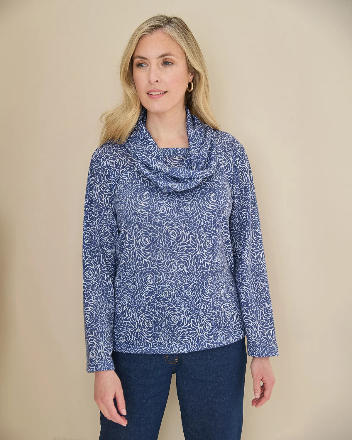 Arianna Patterned Cowl Neck Long Sleeved Top