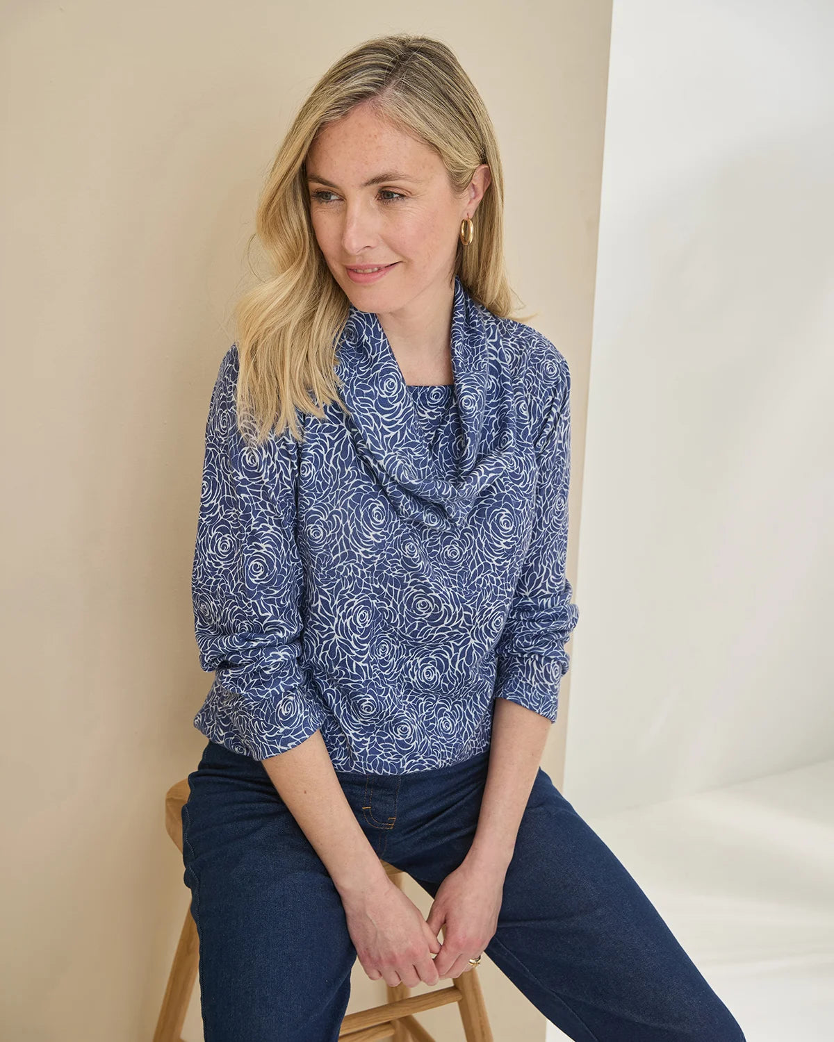 Arianna Patterned Cowl Neck Long Sleeved Top