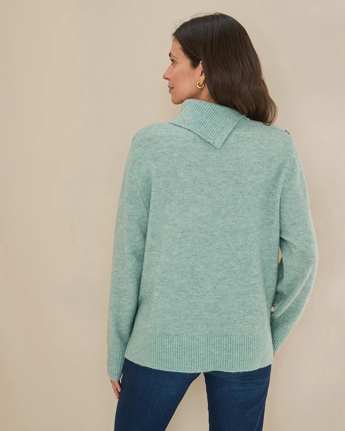 Brooke Split Collar Style Wool Mix Jumper - Eucalyptus