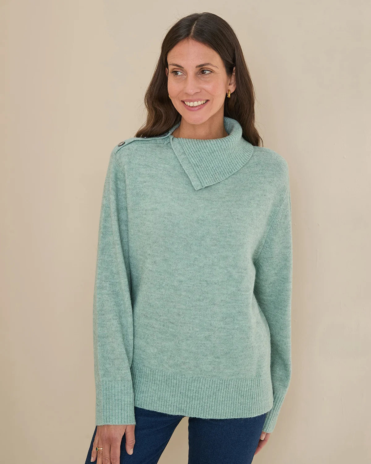 Brooke Split Collar Style Wool Mix Jumper - Eucalyptus