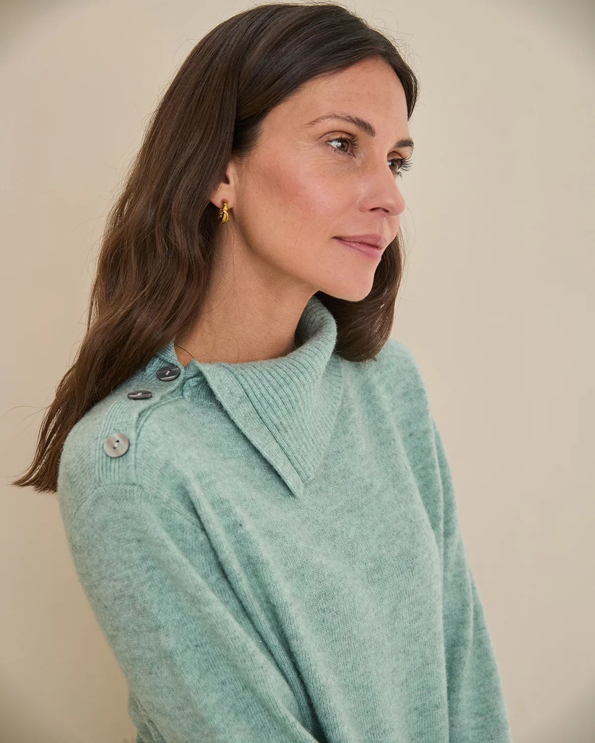Brooke Split Collar Style Wool Mix Jumper - Eucalyptus