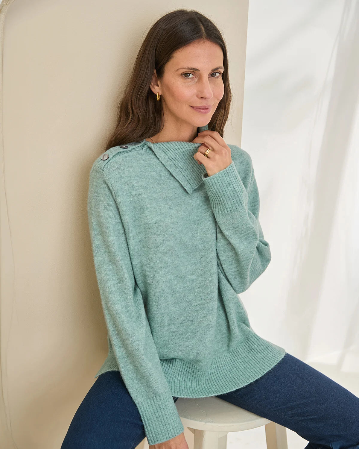 Brooke Split Collar Style Wool Mix Jumper - Eucalyptus