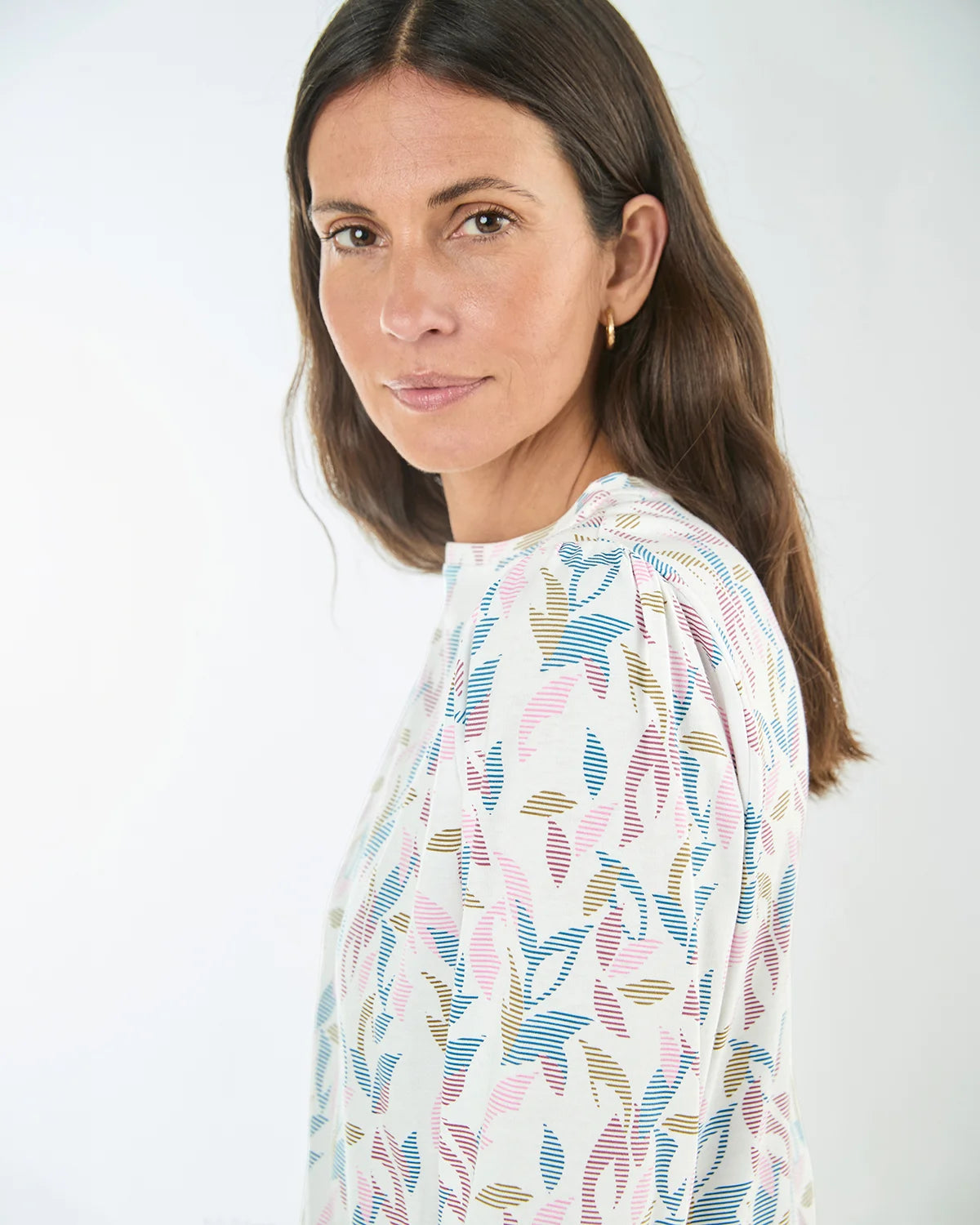 Printed Pleat Shoulder Crew Neck Top - Daisy