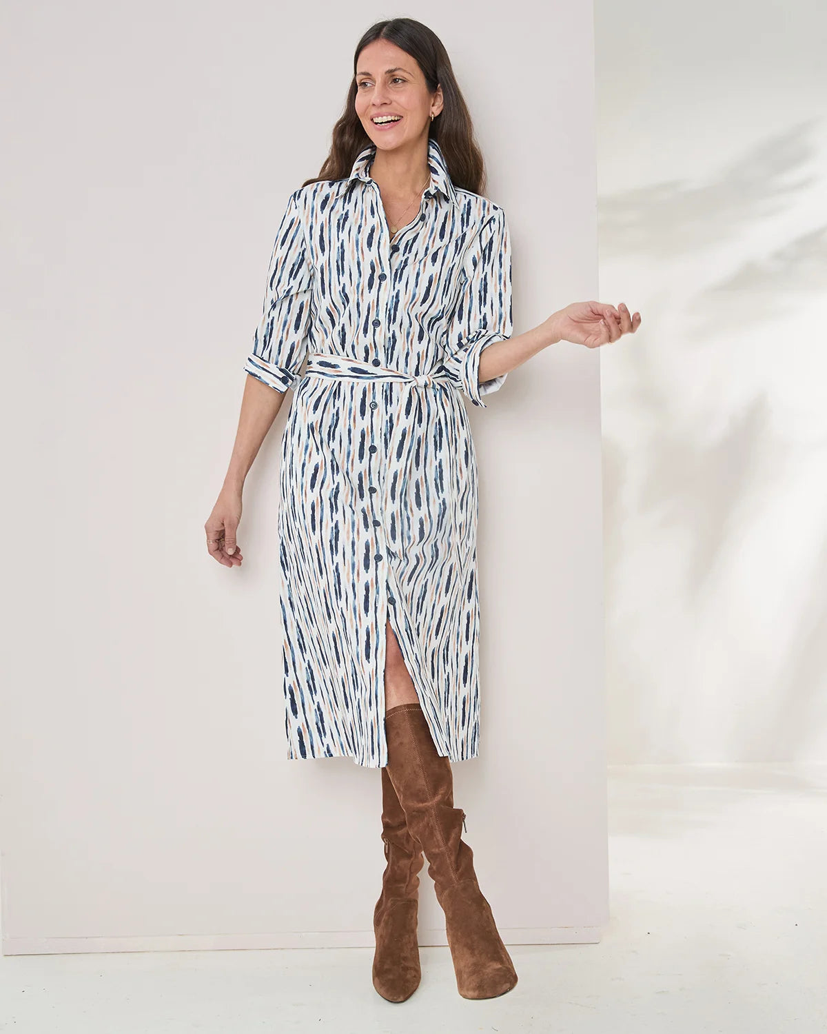 Denise Patterned Pure Cotton Long Sleeve Shirt Dress