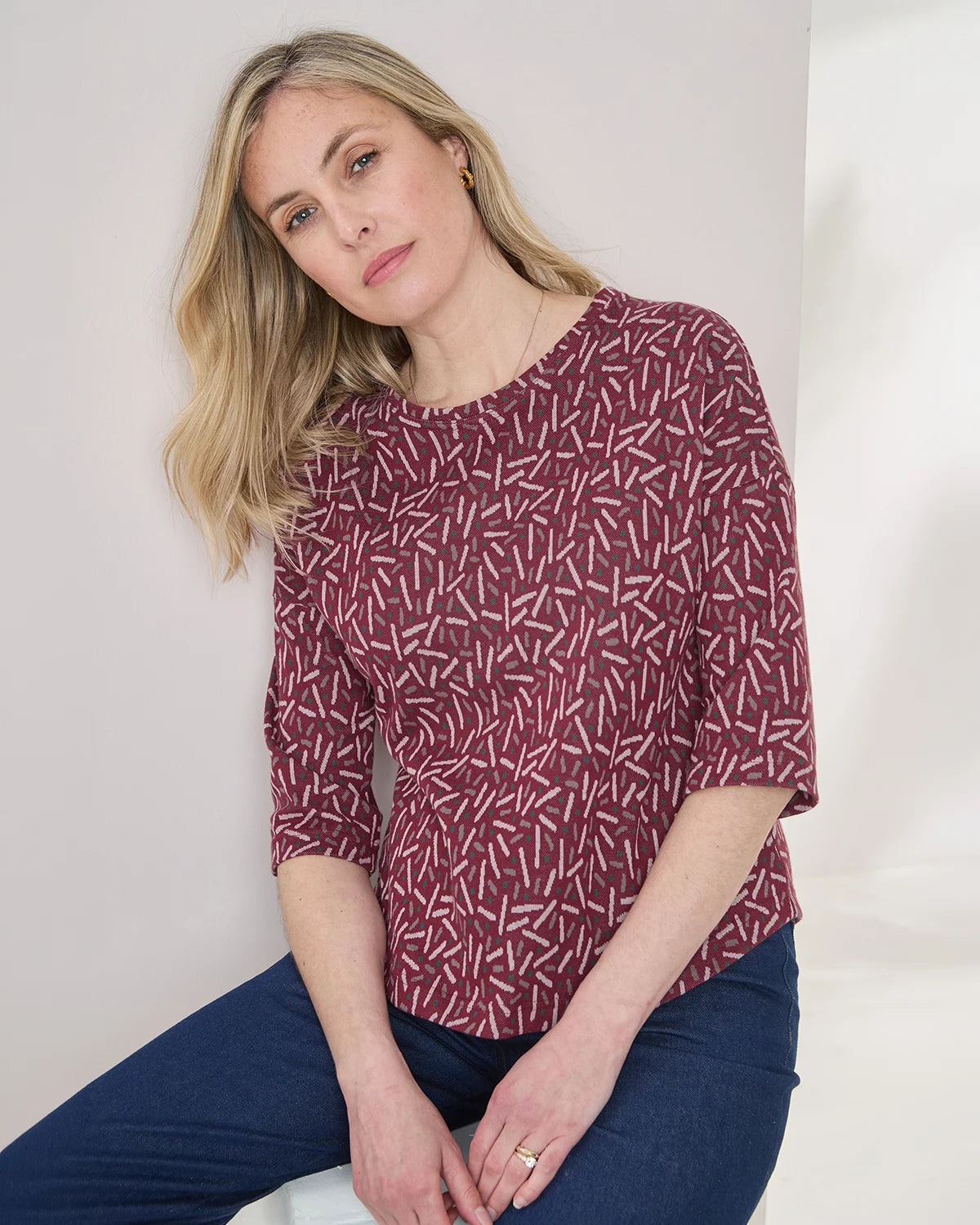 Patterned Crew Neck Dolman Sleeve Top - Elora