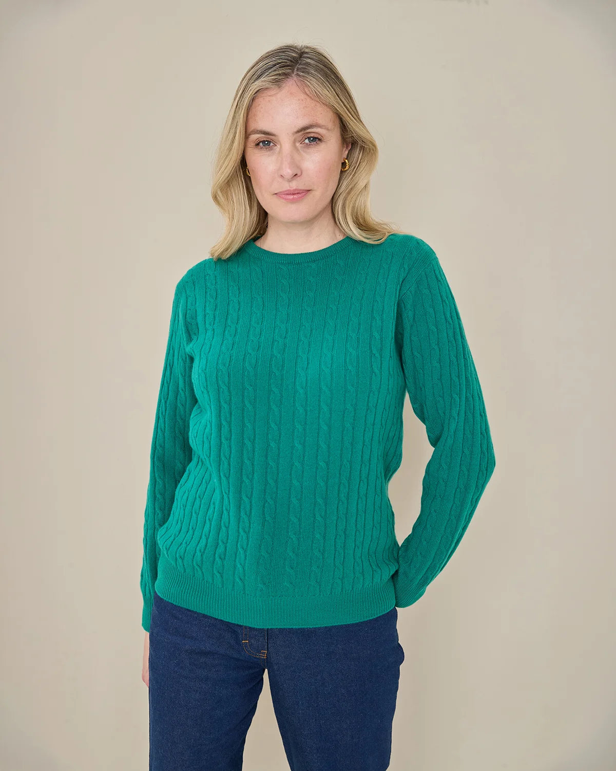 Lambswool Cable Crew Neck Jumper - Emerald