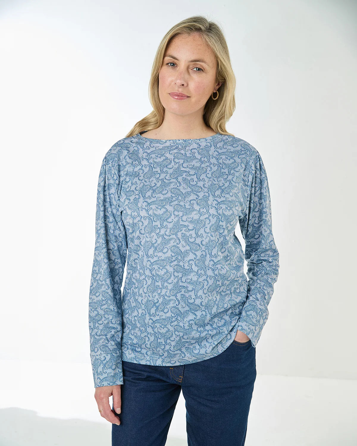 Printed Pleat Shoulder Crew Neck Top - Gabriella