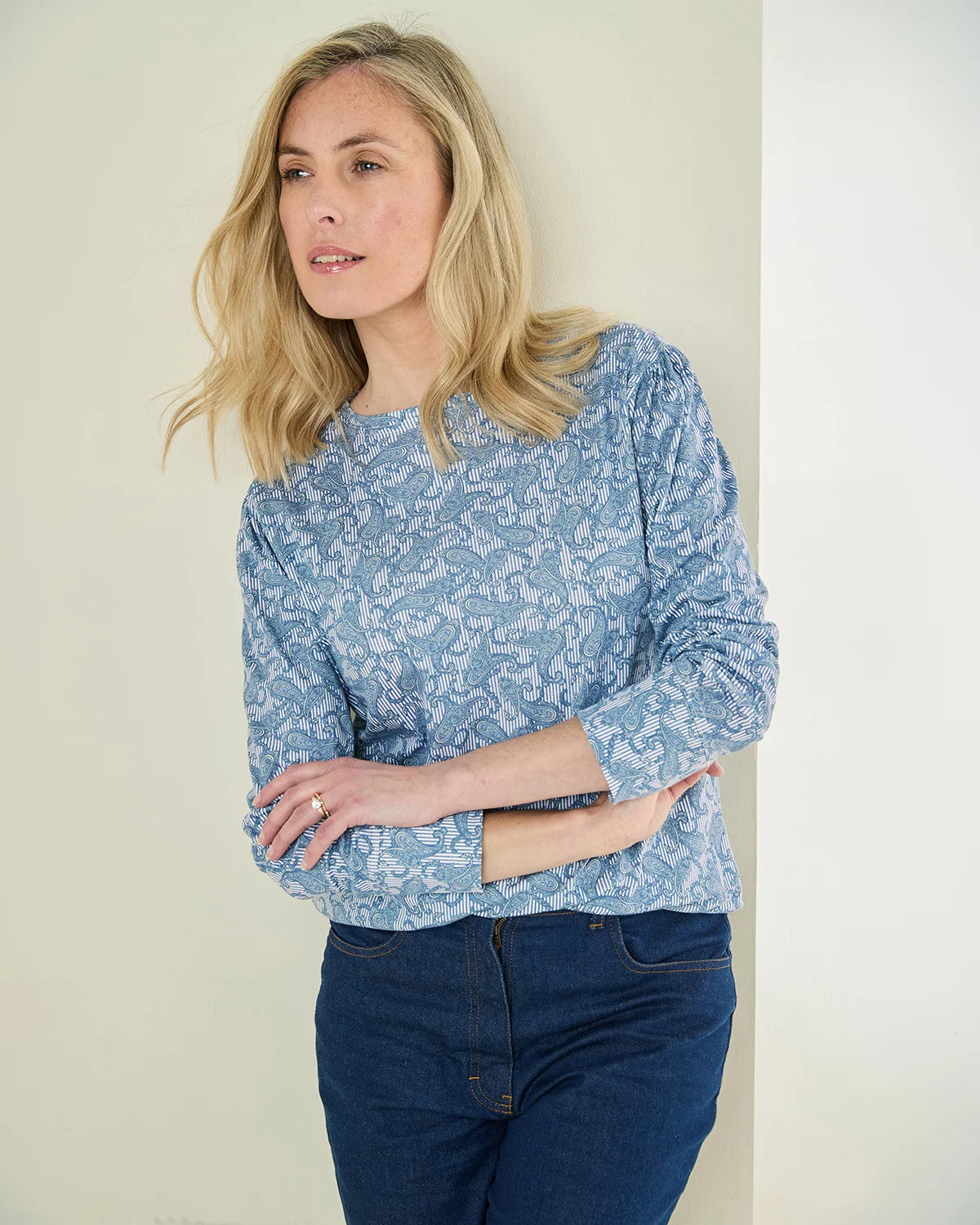 Printed Pleat Shoulder Crew Neck Top - Gabriella