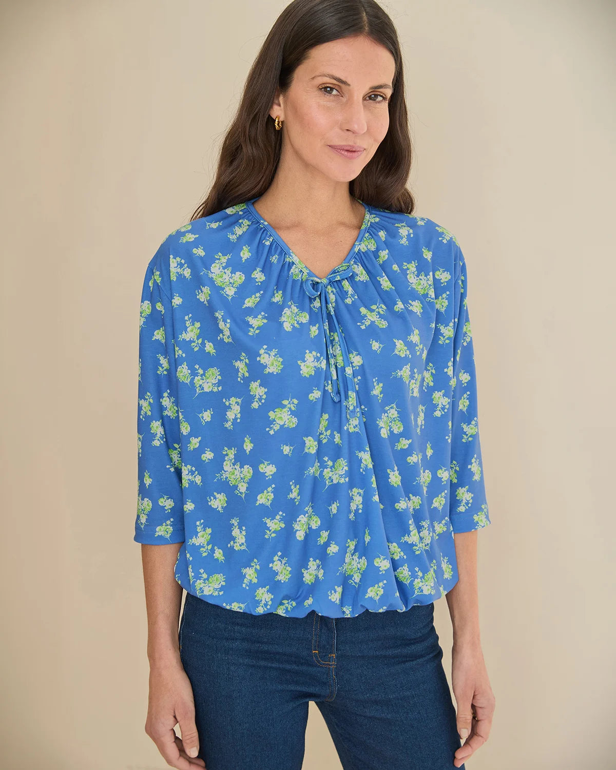 Greta Floral Tie Neck 3/4 Sleeved Top