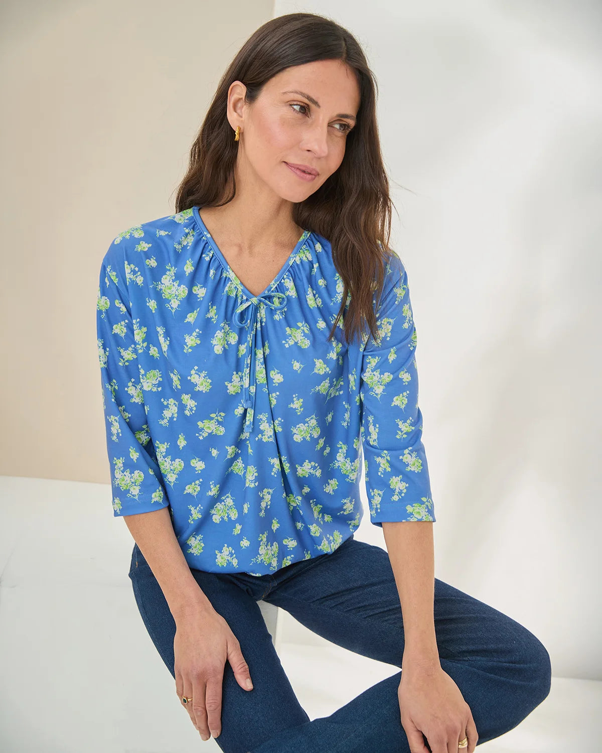 Greta Floral Tie Neck 3/4 Sleeved Top