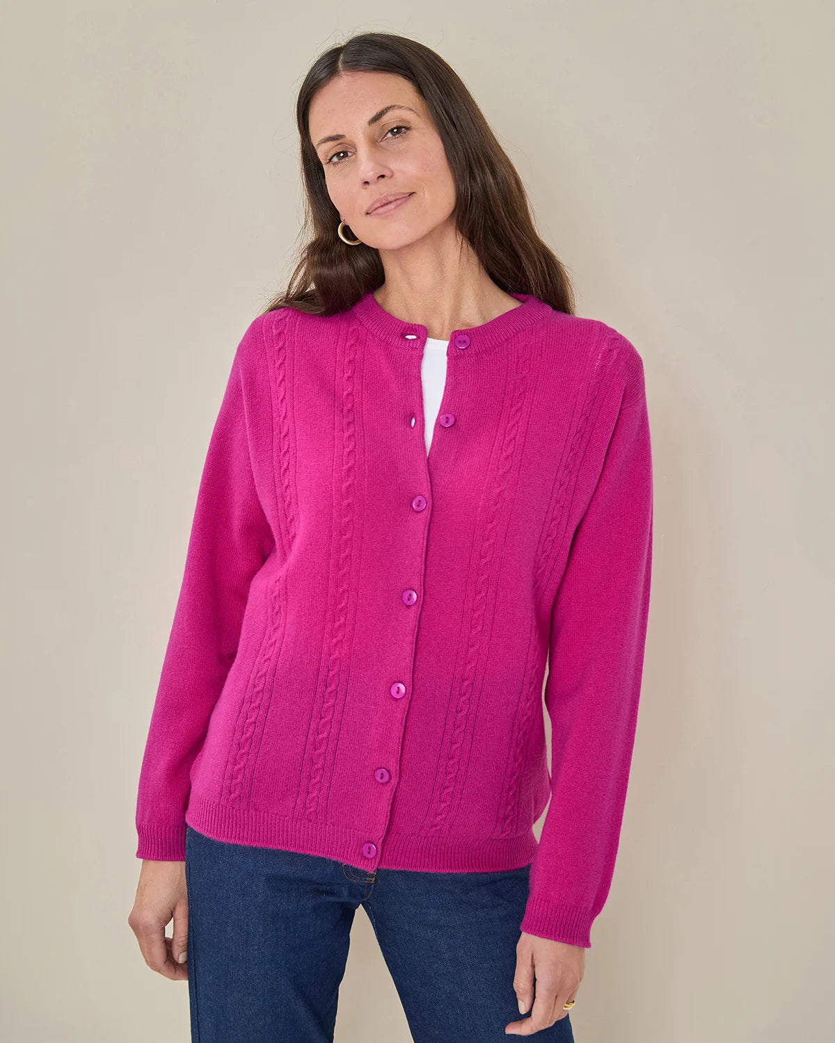 Lambswool Cable Cardigan - Magenta