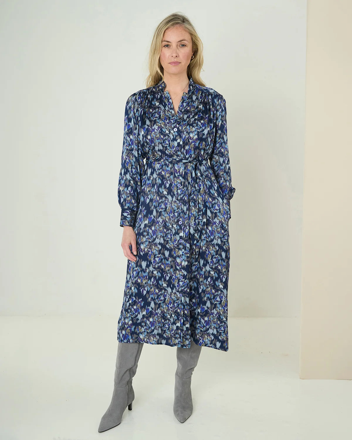 Marina Patterned Viscose Long Sleeve Shirt Dress