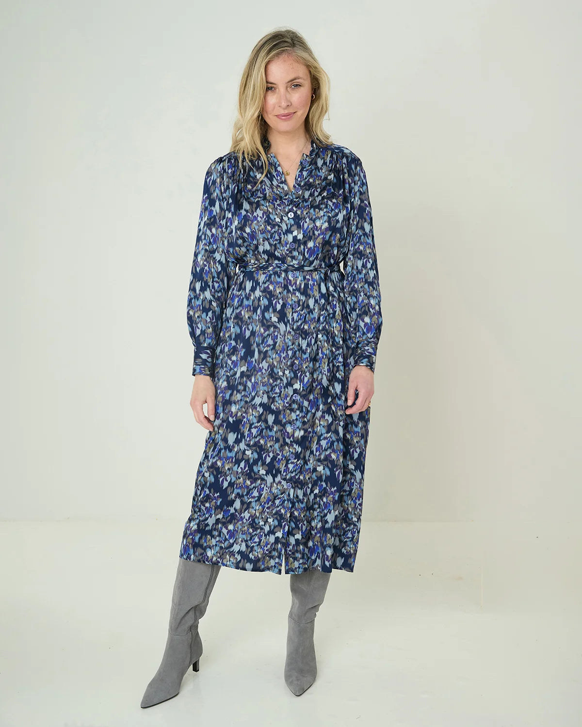 Marina Patterned Viscose Long Sleeve Shirt Dress