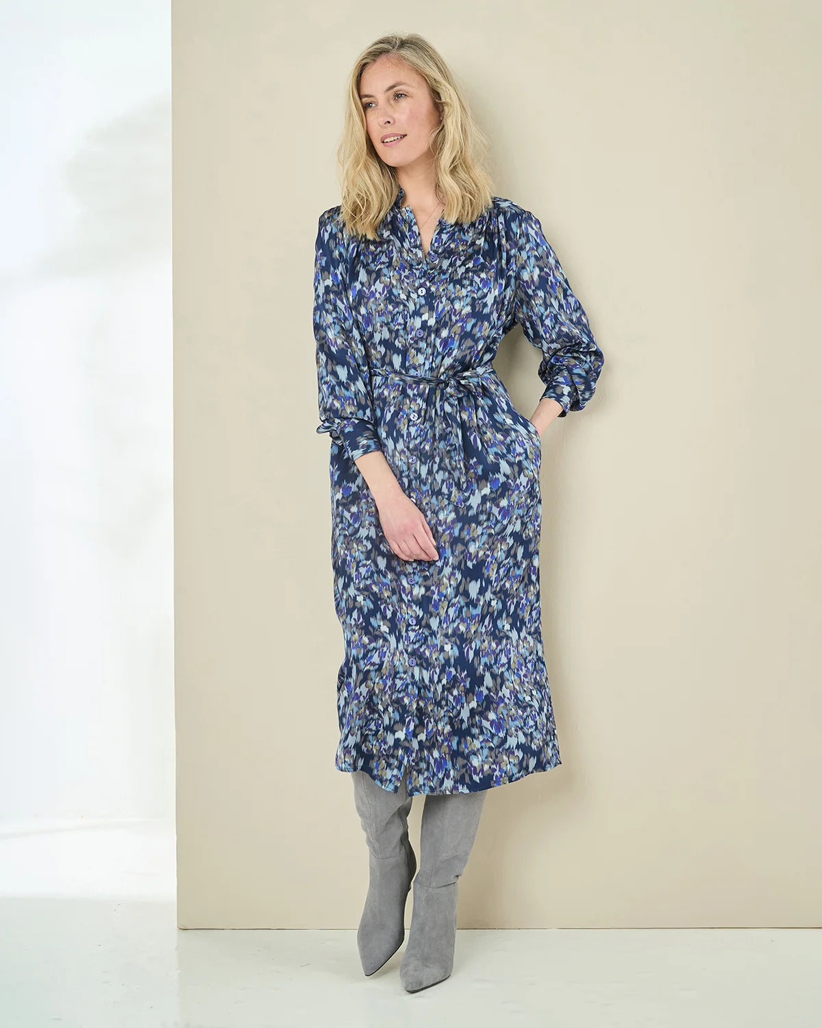 Marina Patterned Viscose Long Sleeve Shirt Dress