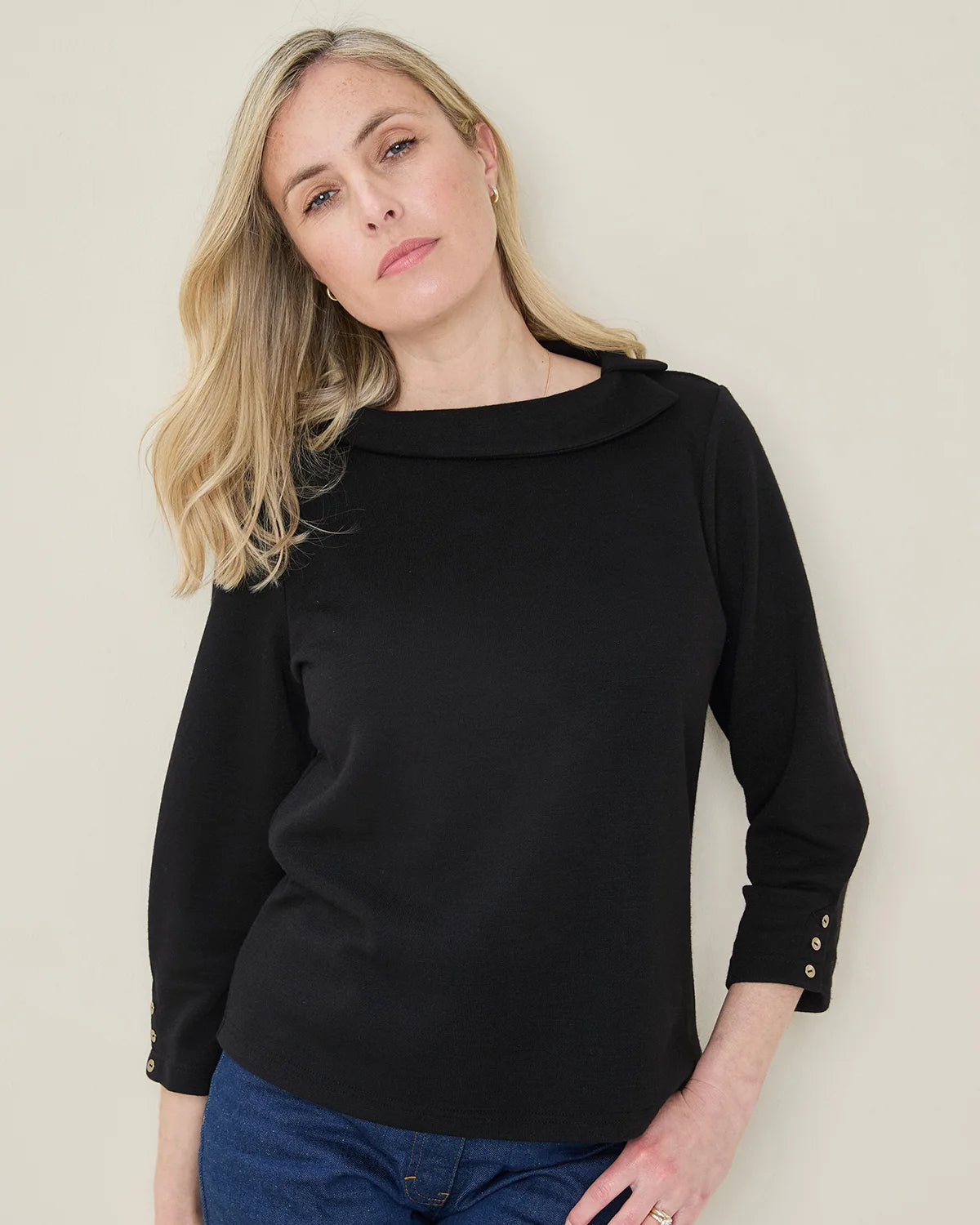Peggy 3/4 Sleeve Boat Neck Top - Black