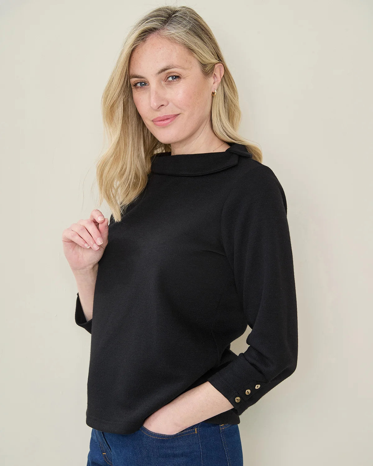 Peggy 3/4 Sleeve Boat Neck Top - Black