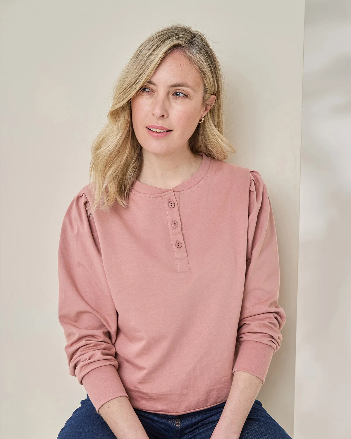 Primrose Pink Button Neck Leisure Sweatshirt