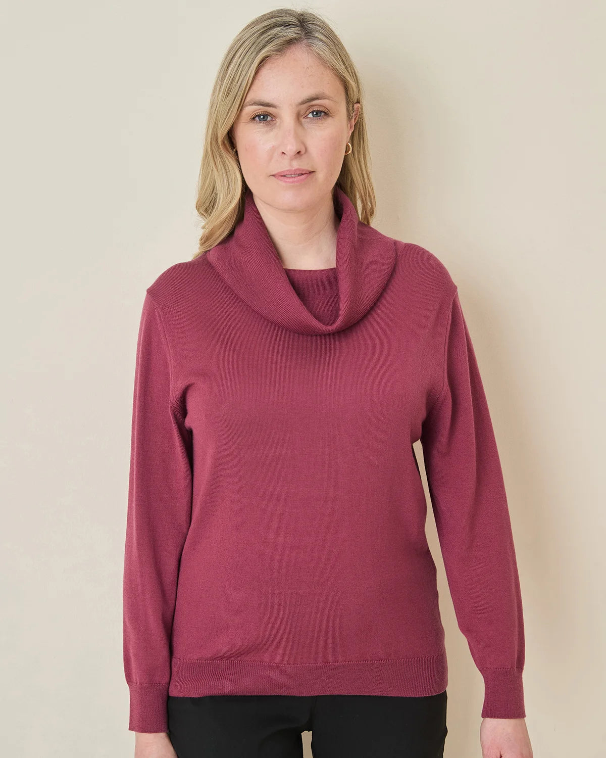Merino Wool Cowl Neck Jumper - Rosewood
