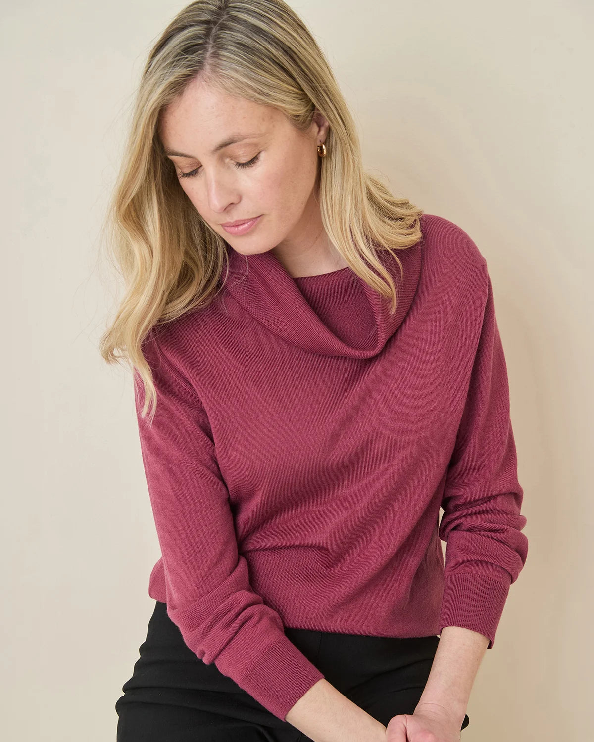 Merino Wool Cowl Neck Jumper - Rosewood