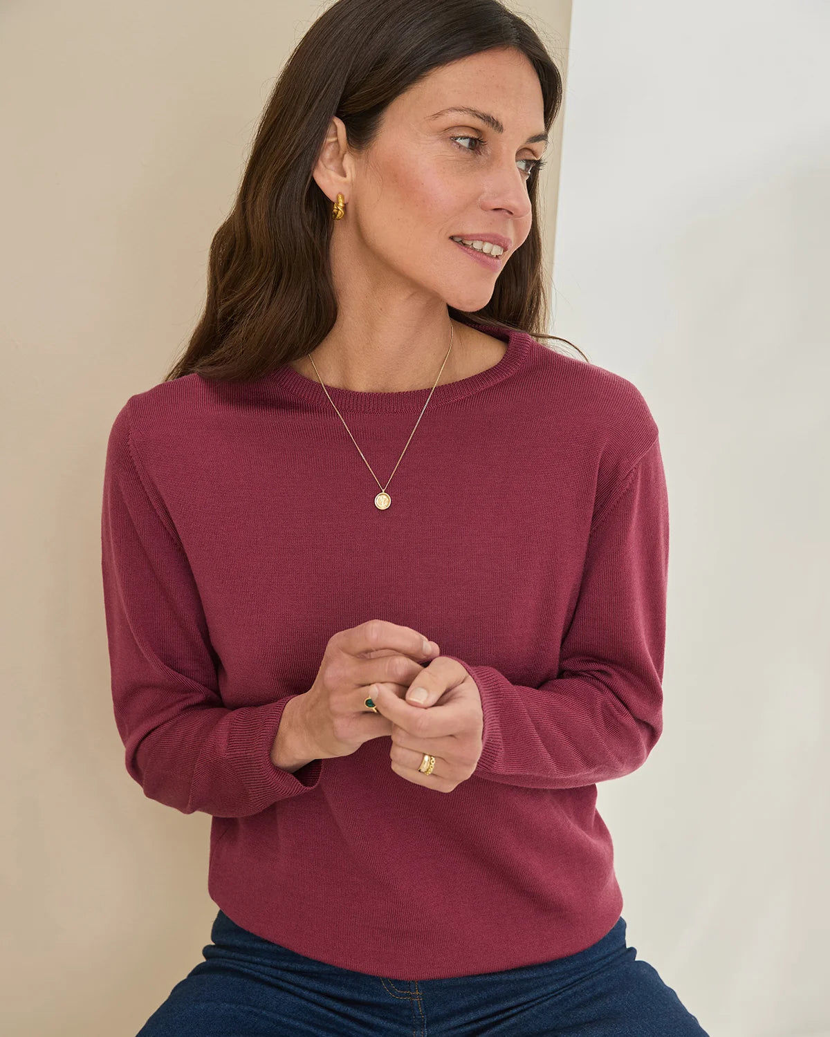Merino Wool Crew Neck Jumper - Rosewood