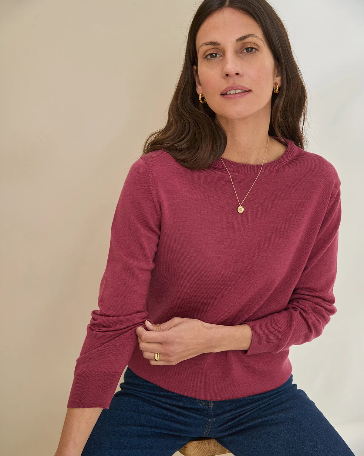 Merino Wool Crew Neck Jumper - Rosewood