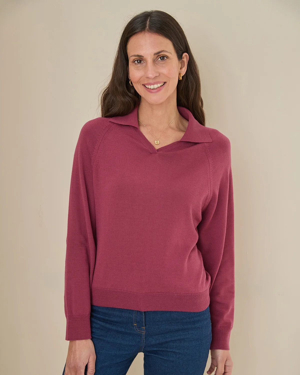 Merino Collared V Neck Jumper - Rosewood
