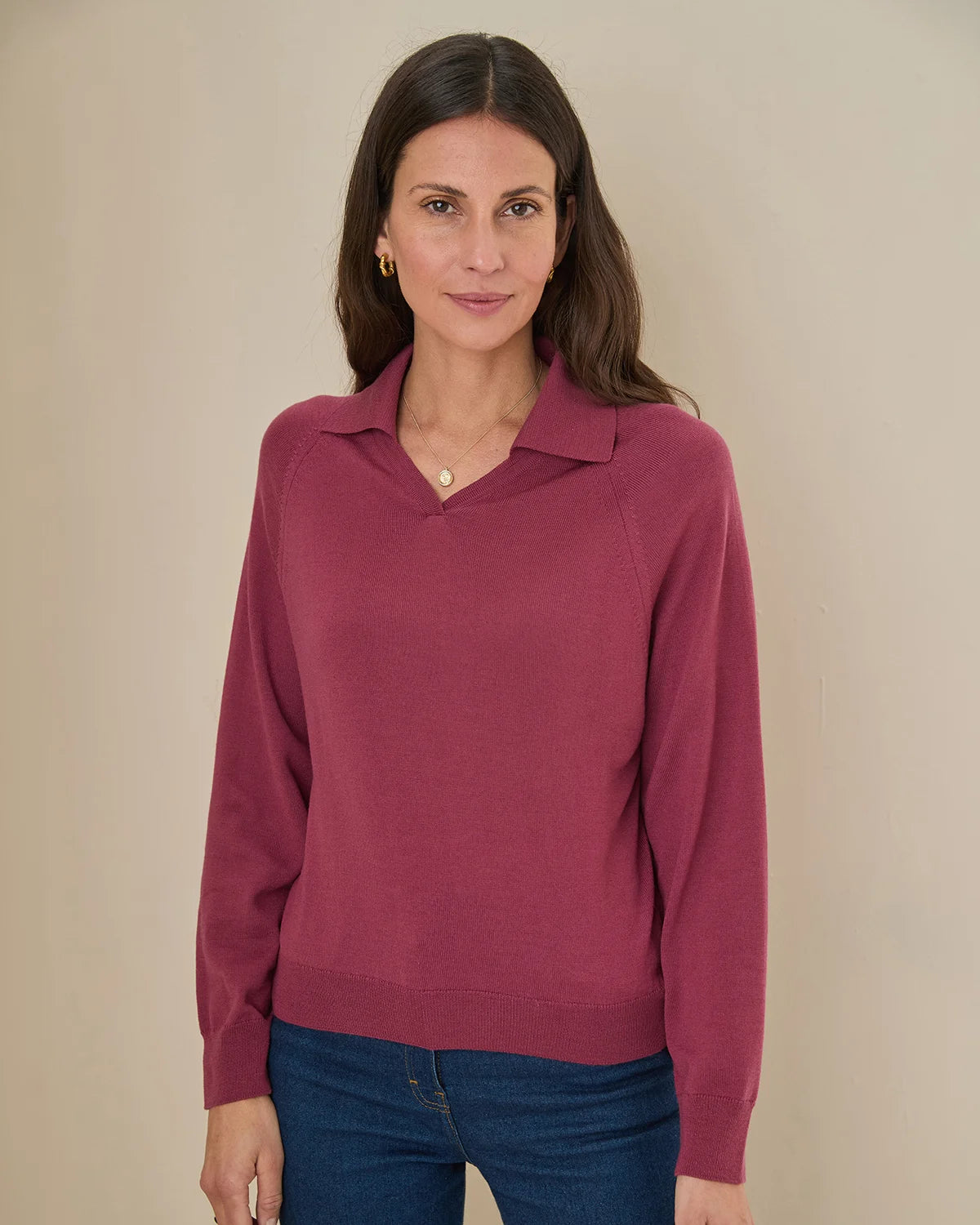 Merino Collared V Neck Jumper - Rosewood