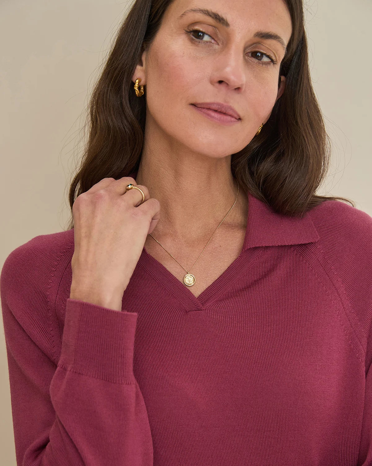 Merino Collared V Neck Jumper - Rosewood