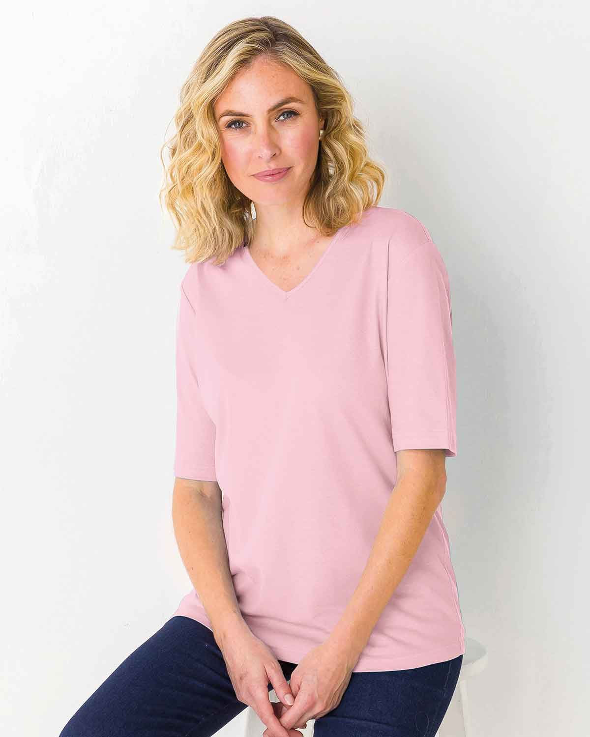 Silky Cotton V Neck Top  - Pale Pink - The Classic Boutique