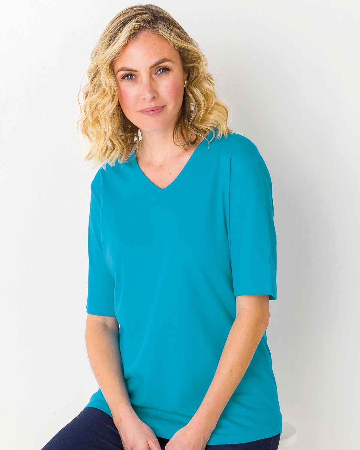 Silky Cotton V Neck Top  - Lagoon - The Classic Boutique