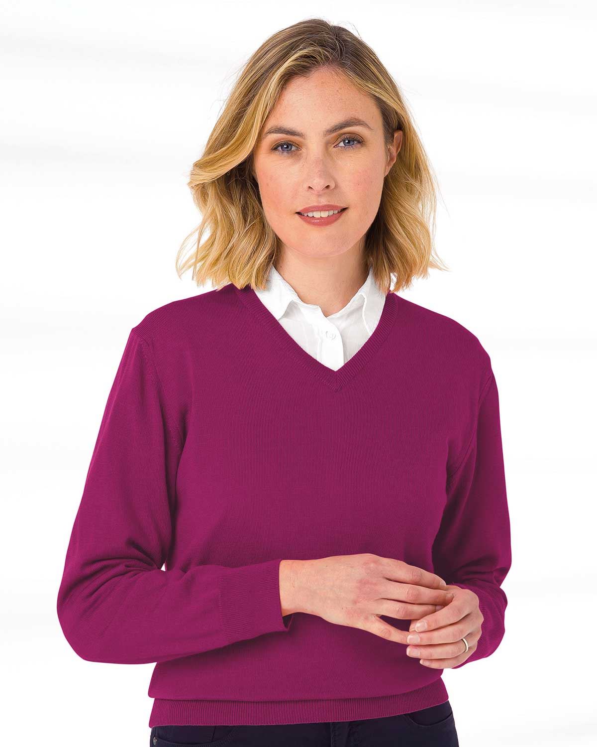Merino V neck Sweater Ladies - Mulberry - The Classic Boutique