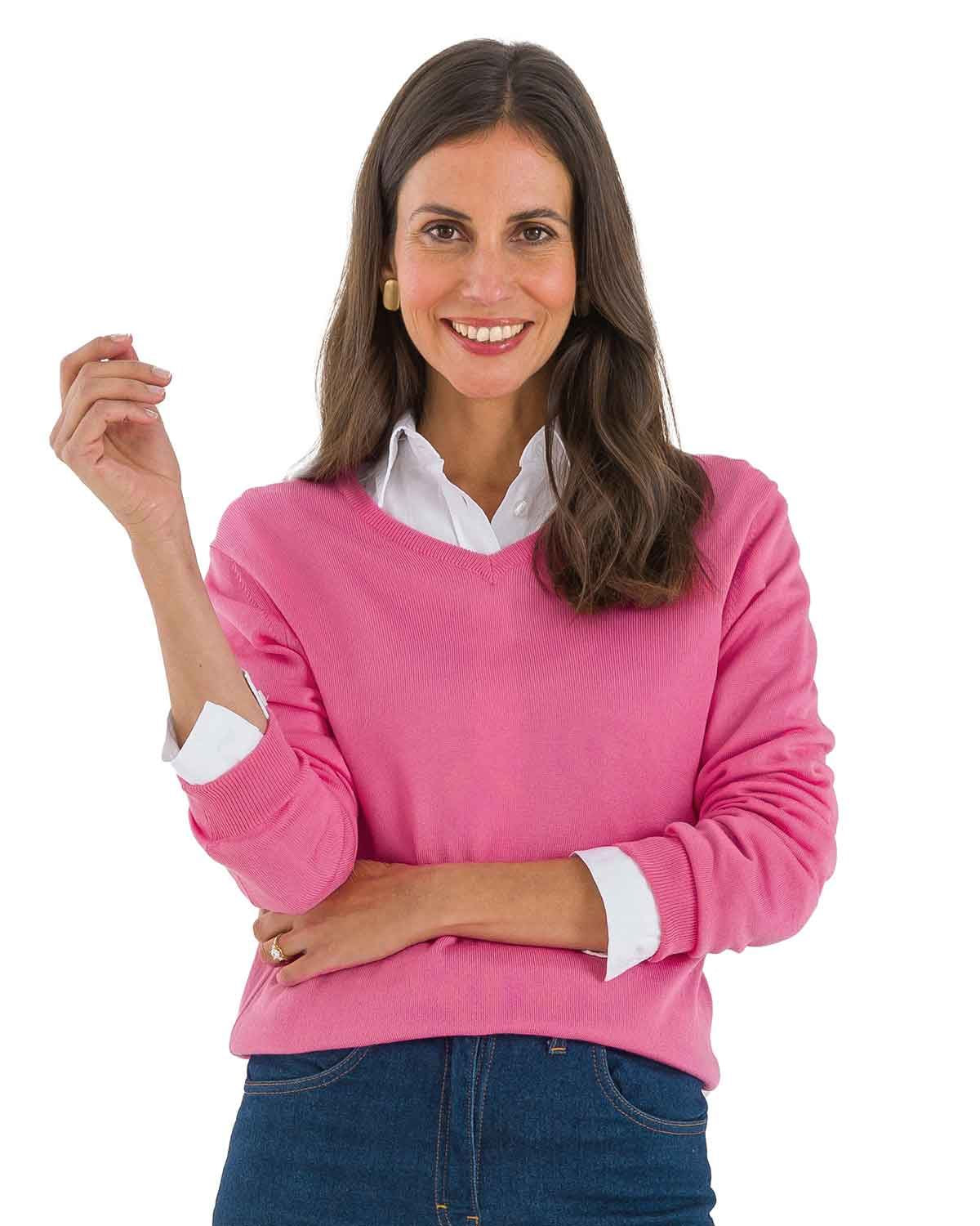 Merino V neck Sweater Ladies - Bubblegum - The Classic Boutique
