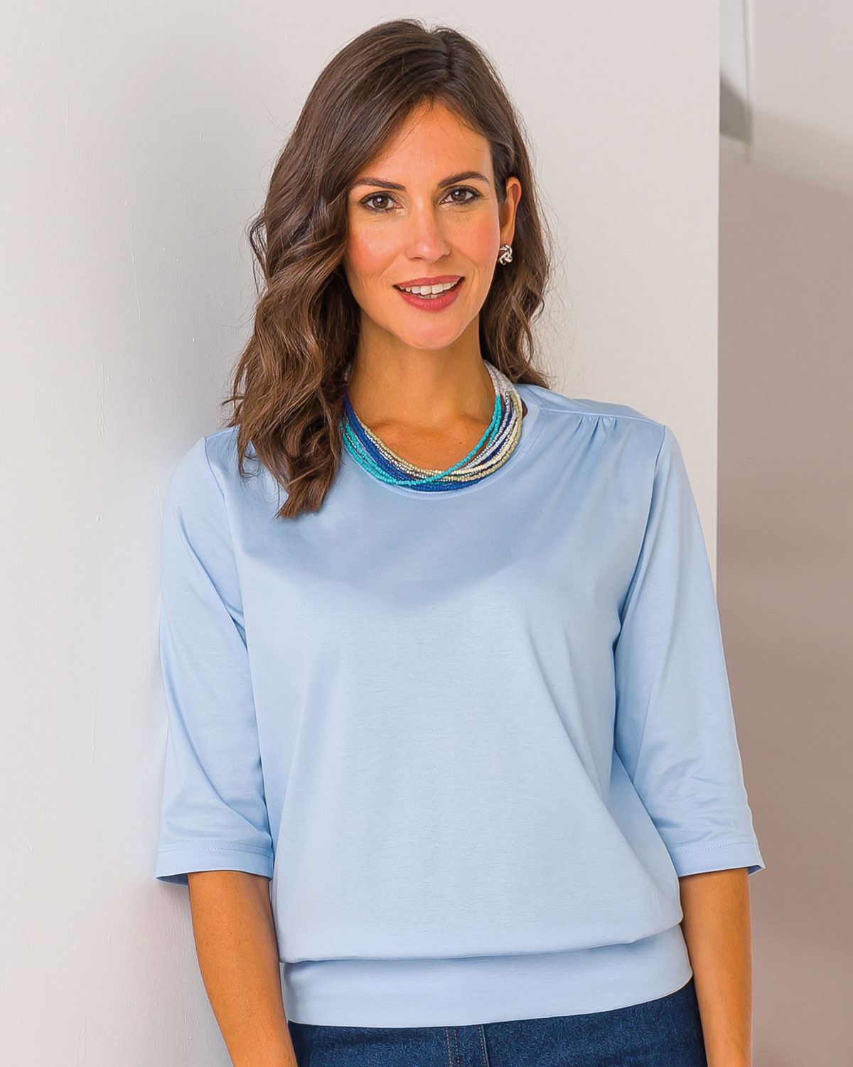 Plain Pure Cotton Blouson Top - Pale Blue - The Classic Boutique