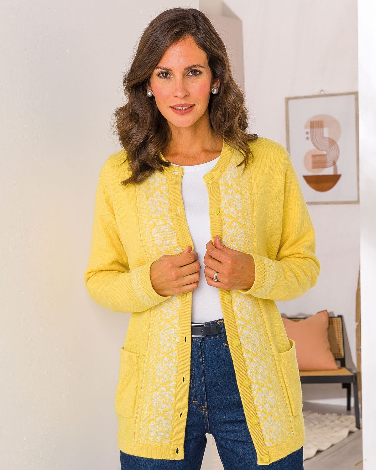 Louisa Crew Neck Lambswool Fairisle Cardigan - Daffodil - Image 1 - The Classic Boutique