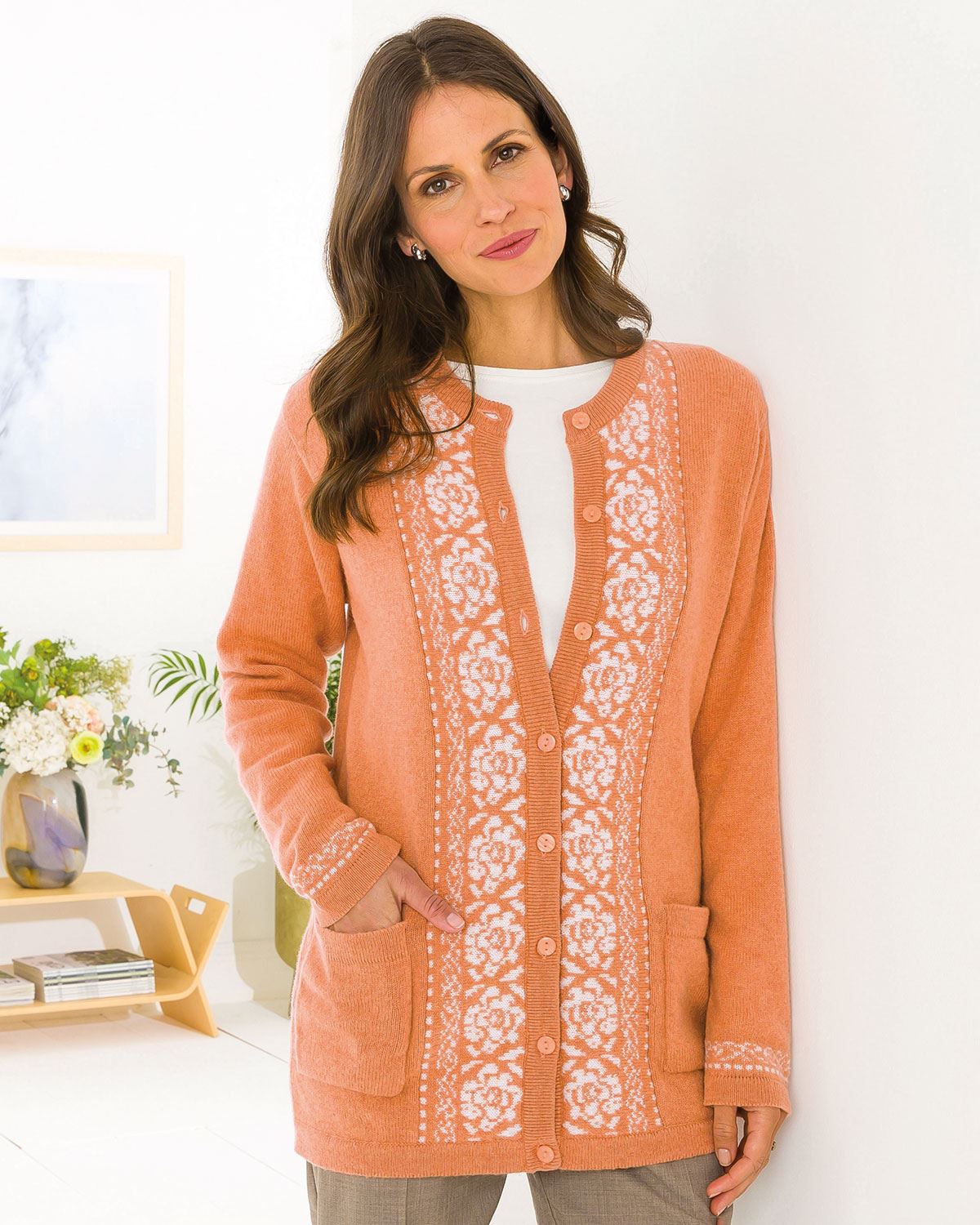 Louisa Crew Neck Lambswool Fairisle Cardigan - Peach - The Classic Boutique