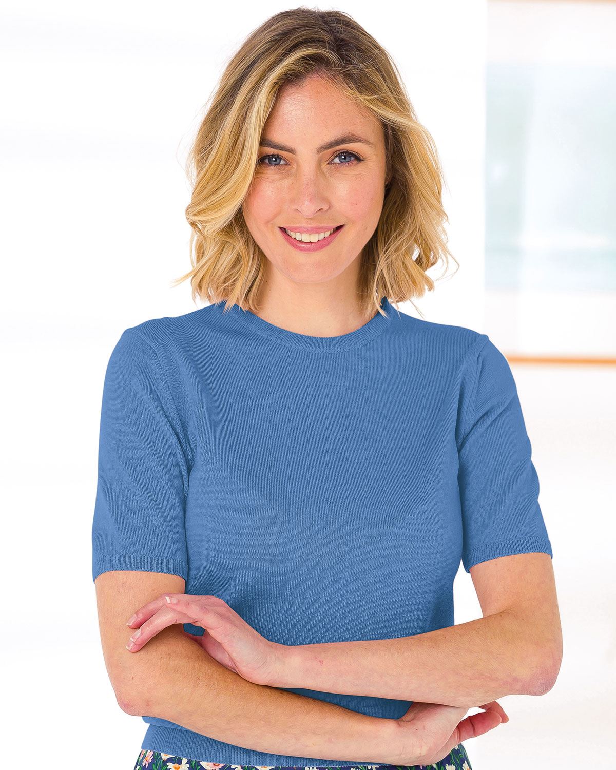 Merino Short Sleeve Crew Jumper - Bluebell - The Classic Boutique