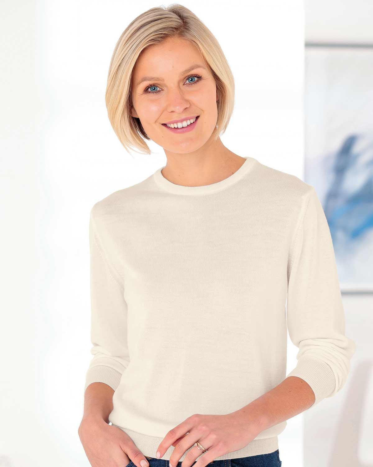 Merino Wool Crew Neck Jumper - Cream - Image 1 - The Classic Boutique