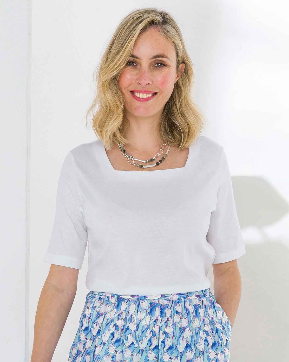 Silky Cotton Square Neck Top - White - The Classic Boutique