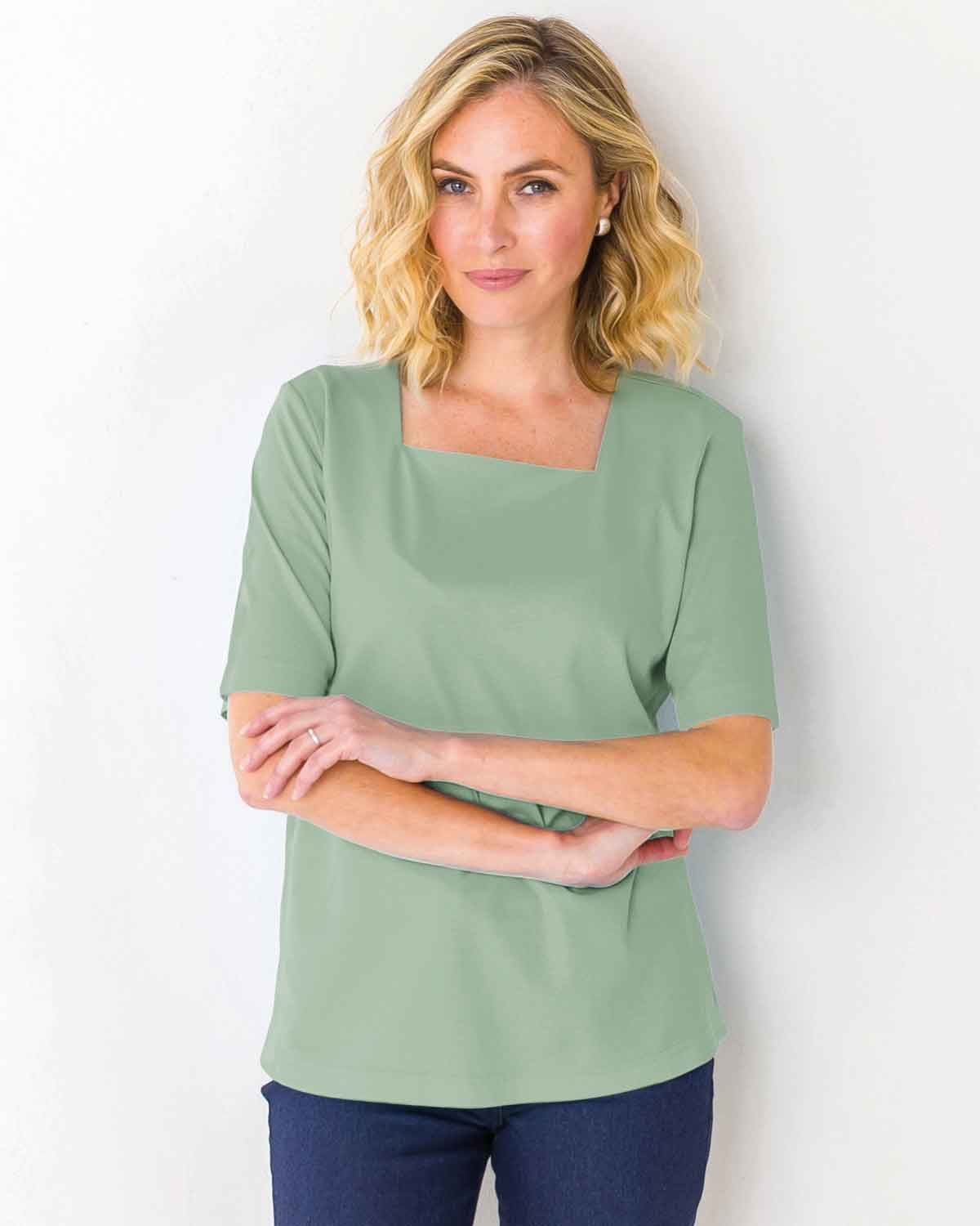 Silky Cotton Square Neck Top - Sage - The Classic Boutique