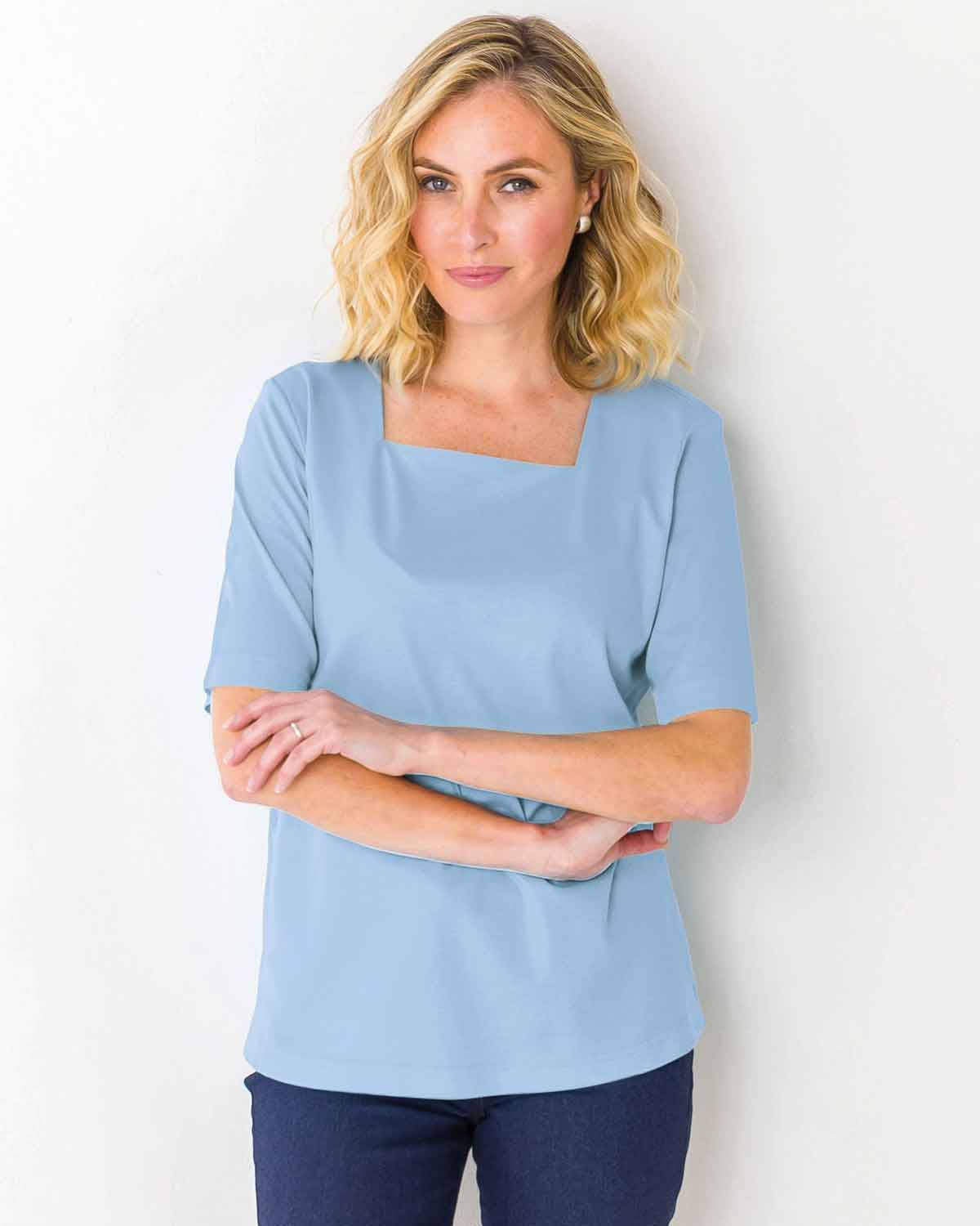 Silky Cotton Square Neck Top - Pale Blue - The Classic Boutique