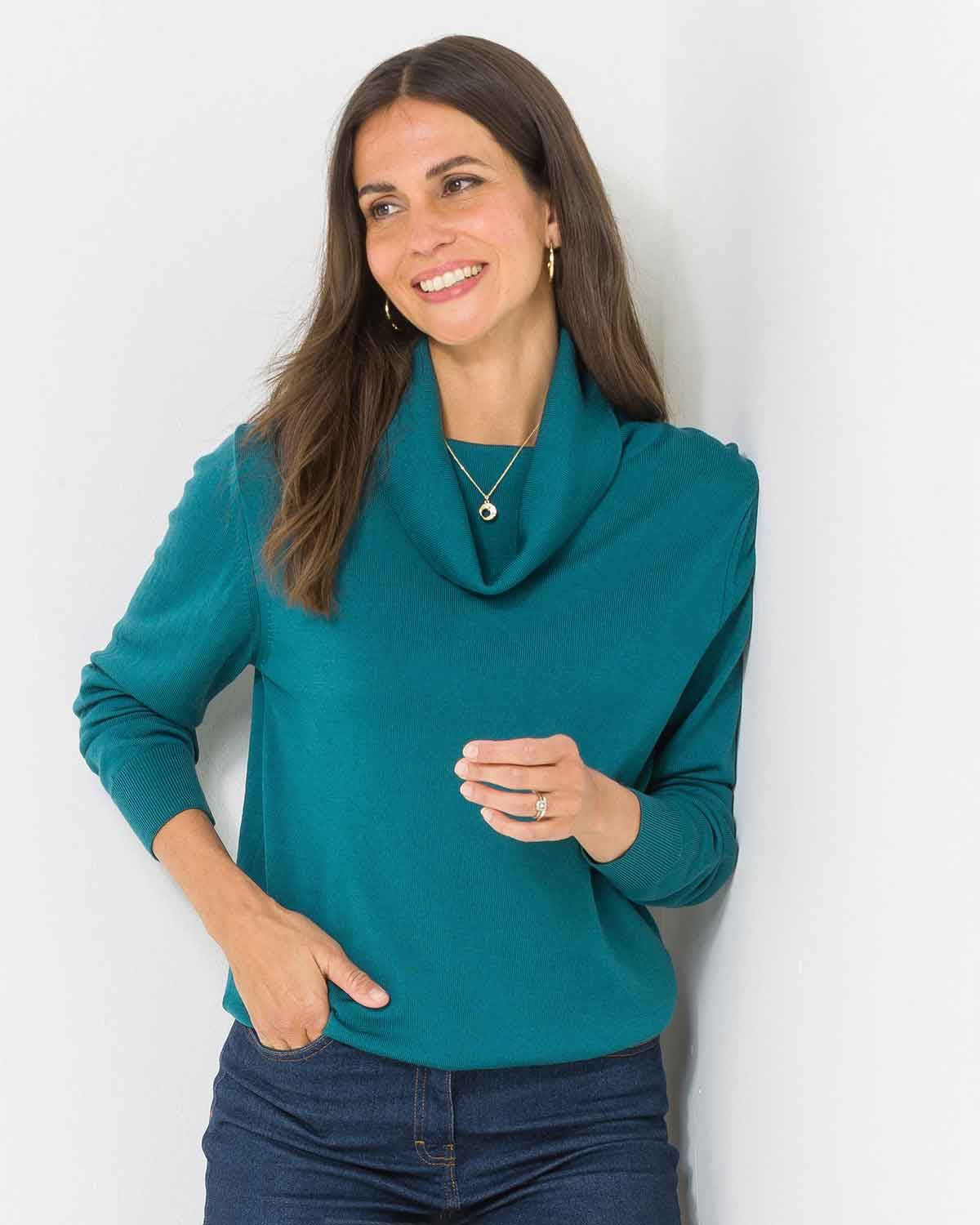 Merino Wool Cowl Neck Jumper - Teal - The Classic Boutique