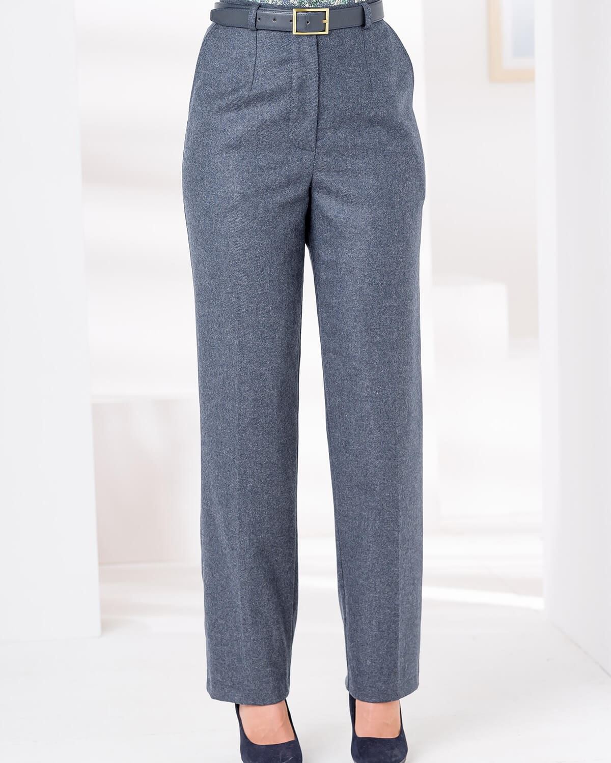 Ladies Wool Rich Flannel Trousers - Navy Marl - The Classic Boutique