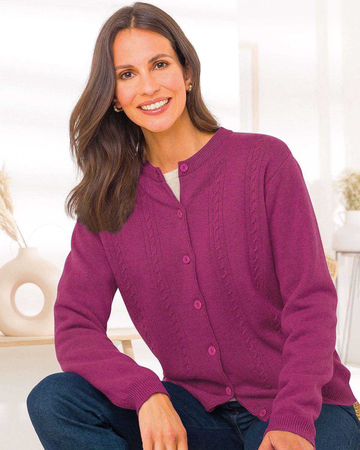 Lambswool Cable Cardigan - Raspberry - The Classic Boutique