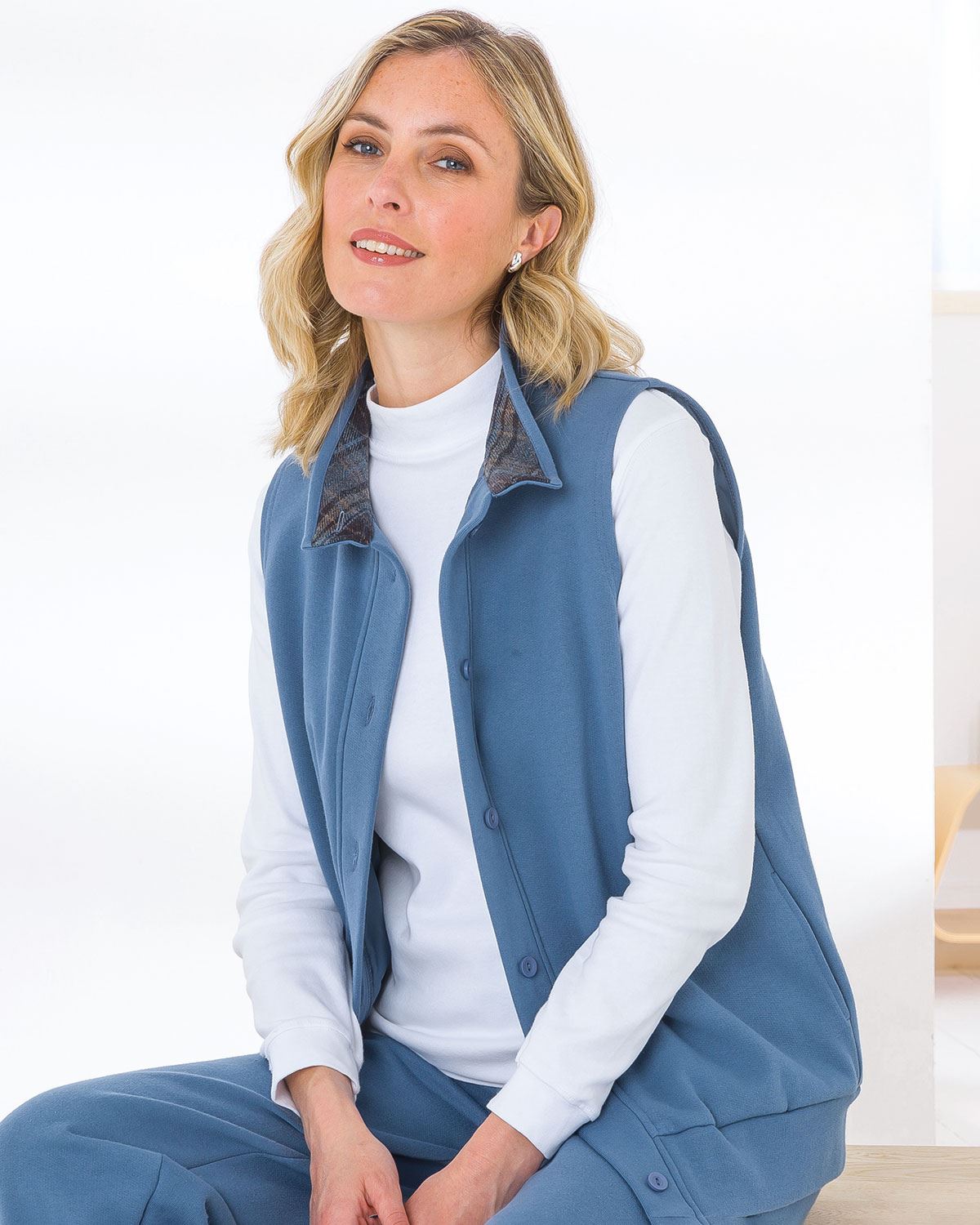 Dover Cowl Neck Trimmed Ladies Leisure Gilet - Blue - Image 1 - The Classic Boutique
