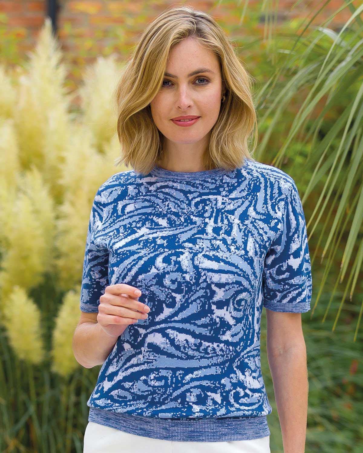 Cotton Mariah Short Sleeve Crew Neck Jumper - Blue Mix - The Classic Boutique