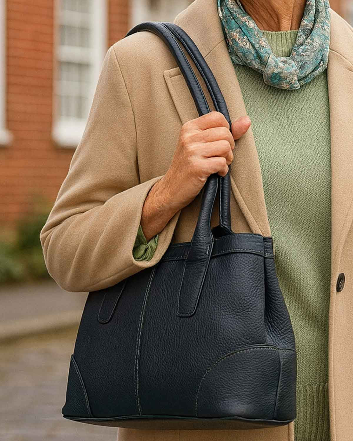 Leather Twin Compartment Bag - Navy - Image 1 - The Classic Boutique