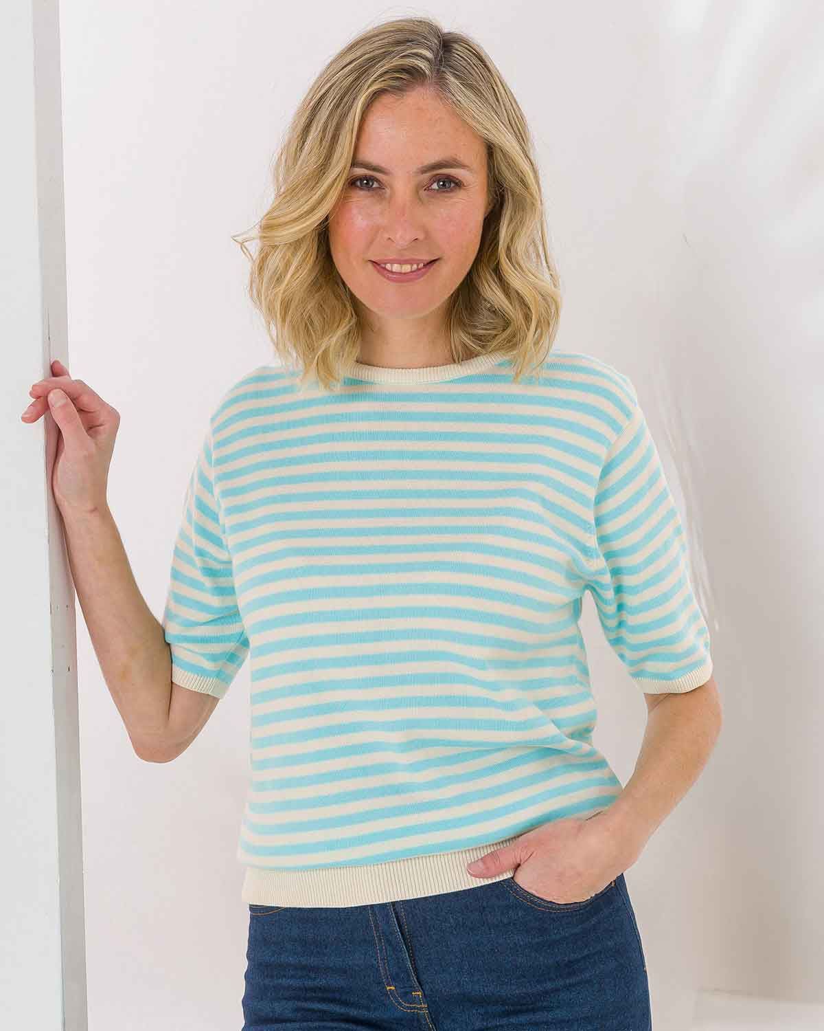 Kathy Pure Cotton Top - Aqua Cream - The Classic Boutique