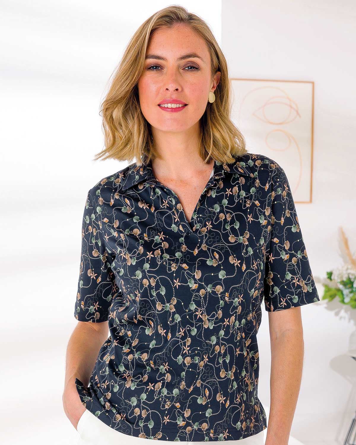 Shelby Patterned Short Sleeve Cotton Polo Top - Image 1 - The Classic Boutique